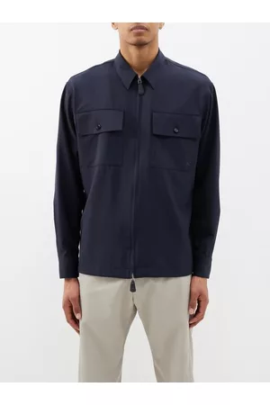 Burberry Men Shirts - Flap-pocket Wool Shirt - Mens - Navy