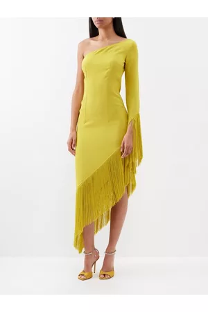 ‎Taller Marmo‎ Women Asymmetrical Dresses - Aventador Asymmetric Fringed Crepe Midi Dress - Womens - Yellow