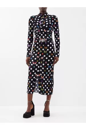 VERSACE Women Printed & Patterned Dresses - X Dua Lipa Polka-dot Butterfly-print Jersey Dress - Womens - Black Multi