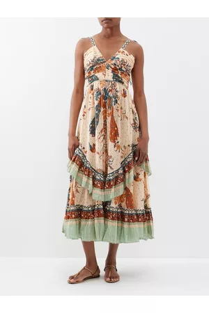 ULLA JOHNSON Women Printed & Patterned Dresses - Meera V-neck Peacock-print Cotton-blend Midi Dress - Womens - Brown Multi