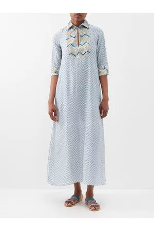 Thierry Colson Women Tunic Dresses - Angelica Embroidered Cotton-blend Kaftan Dress - Womens - Blue Multi
