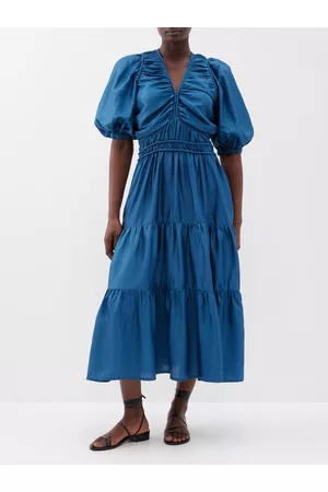 SEA Women Ruched Dresses - Kyle V-neck Ruched Silk Dress - Womens - Blue