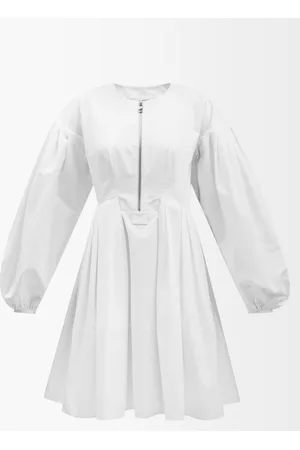 Alexander McQueen Women Puff Sleeve & Puff Shoulder Dresses - Puff-sleeve Zipped Cotton-poplin Dress - Womens - White