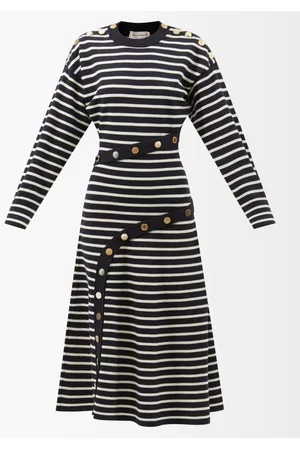 Alexander McQueen Women Knit & Sweater Dresses - Striped Wool-blend Knitted Midi Dress - Womens - Navy Stripe