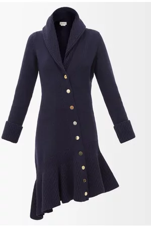 Alexander McQueen Women Asymmetrical Dresses - Asymmetric Ribbed-knit Wool Midi Dress - Womens - Navy