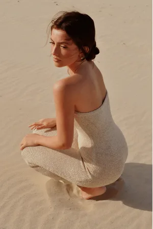 MESHKI Friya Strapless Tape Yarn Midi Dress