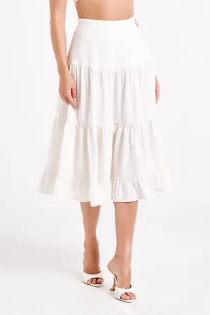 MESHKI Hilaria Tiered Linen Midi Skirt