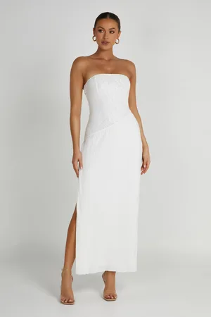 MESHKI Skye Lace Plisse Strapless Midi Dress