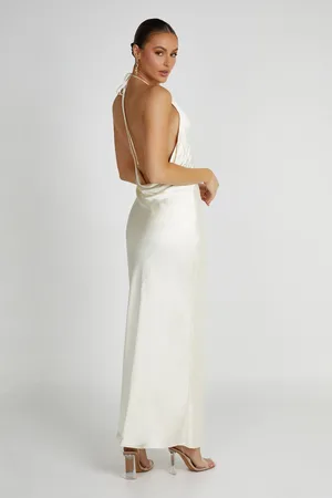 Marvelle Satin Halter Maxi Dress - White - MESHKI U.S