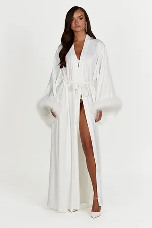 MESHKI Amalia Satin Feather Trim Robe
