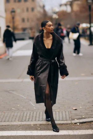 MESHKI Rebekah Oversized Pu Trench Coat With Fur Trim