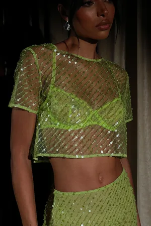 MESHKI Brynne Sequin Short Sleeve Top