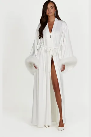 MESHKI Amalia Satin Feather Trim Robe