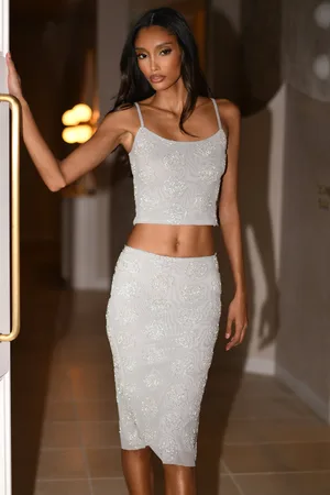 MESHKI Greta Rose Beaded Midi Skirt