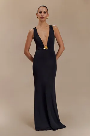 MESHKI Beck Plunge Maxi Dress With Floral Hardware