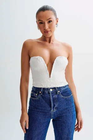 MESHKI Zariah Strapless Sequin V Corset