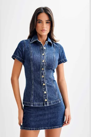 MESHKI Ellie Denim Short Sleeve Top