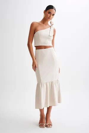 MESHKI Venezia Linen Midi Skirt With Ruffle