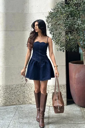 MESHKI Cheyenne Scallop Denim Mini Dress