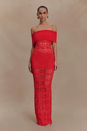 MESHKI Solstice Off Shoulder Crochet Knit Maxi Dress
