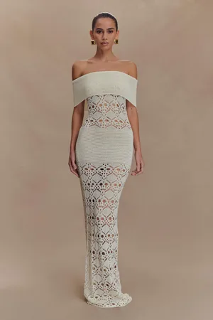 MESHKI Solstice Off Shoulder Crochet Knit Maxi Dress