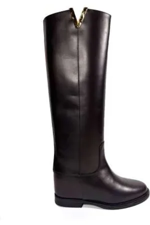 Via Roma High Boots, female, , Size: 6 US Leather Boot with Gold V Detail