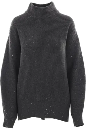 Brunello Cucinelli Turtlenecks, female, , Size: M Anthracite Cashmere Wool Sweater Ribbed Sequins