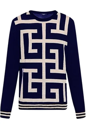 Balmain Sweatshirts, female, , Size: S Navy and White Monogram Jacquard Wool Sweater