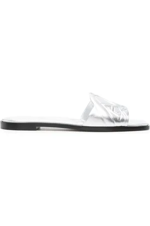 Alexander McQueen Sliders, female, , Size: 6 US Silver Metallic Seal Logo Sandals