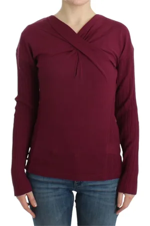 Roberto Cavalli V-neck Knitwear, female, , Size: L Elegant Purple Keyhole Wool Sweater