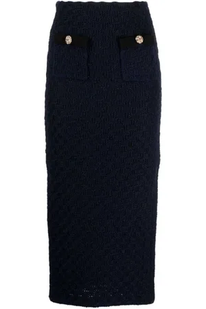 Self-Portrait Midi Skirts, female, , Size: L Navy Waffle Knit Midi Skirt with Gold Buttons