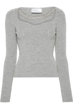 GIUSEPPE DI MORABITO Round-neck Knitwear, female, , Size: M Crystal-Embellished Sweater Grey Ribbed Knit