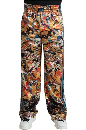 Dolce & Gabbana Straight Trousers, male, , Size: XL Marble Print Satin Track Pants