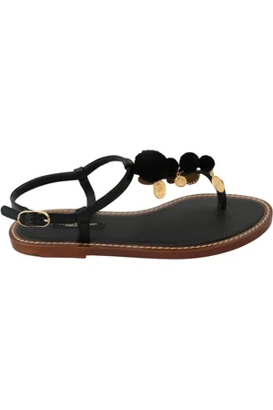 Dolce & Gabbana Flat Sandals, female, , Size: 5 US Pom Pom Flip Flop Ankle Strap Flats