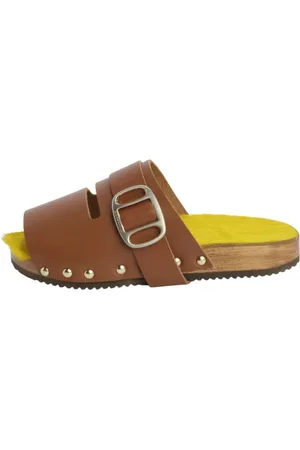 JEJIA Sliders, female, , Size: 10 US Camel Leather Clog Flat Shoes