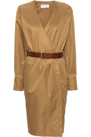 Saint Laurent Party Dresses, female, , Size: S Camel Cotton Twill Midi Dress