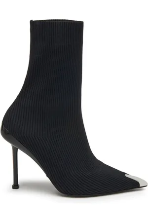 Alexander McQueen Heeled Boots, female, , Size: 6 US Slash Knit Ankle Boots with Silver Toe Cap