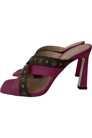 Pollini Heeled Mules, female, , Size: 7 US Fuchsia Sandals with Brown Straps and Heritage Print - Size 39
