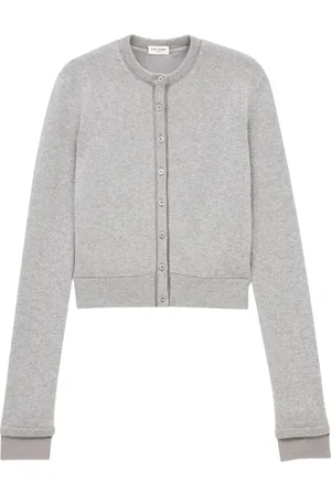 Saint Laurent Cardigans, female, , Size: S Grey Sweater with Satin Trim