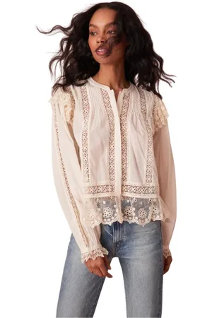 LOVESHACKFANCY Blouses, female, , Size: S Vintage-inspired Embroidered Mesh Ruffle Blouse
