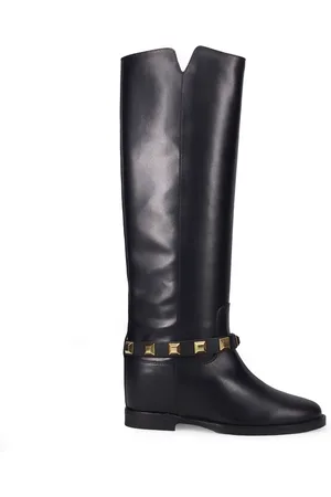 Via Roma High Boots, female, , Size: 7 US Leather Wedge Boots with Stud Decoration