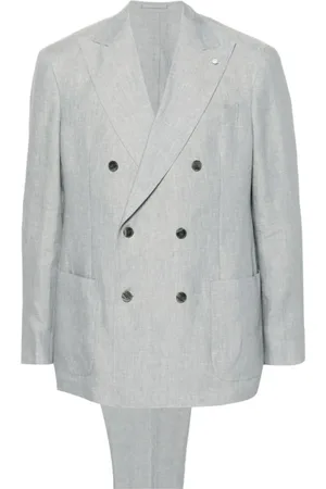 LUIGI BIANCHI MANTOVA Double Breasted Suits, male, , Size: XL Grey Linen Suit with Brooch Detail