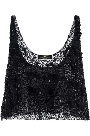 Elisabetta Franchi Sleeveless Tops, female, , Size: M Embroidered Tulip Cropped Top