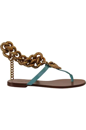 Dolce & Gabbana Flat Sandals, female, , Size: 6 US Ankle Strap Flat Sandals with Heart Devotion and Gold Chain Embellishment