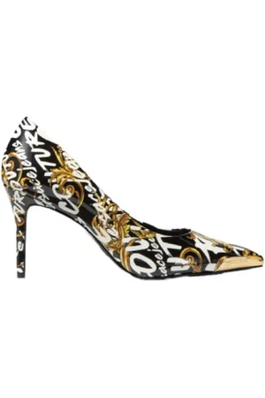 VERSACE Pumps, female, , Size: 6 US Black Pointed Décolleté with Logo Brush Couture Print