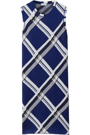 Burberry Knitted Dresses, female, , Size: S Blue Check Print Silk Dress