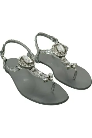 Dolce & Gabbana Flat Sandals, female, , Size: 7 US Silver Crystal Flip Flops - Glamorous and Authentic