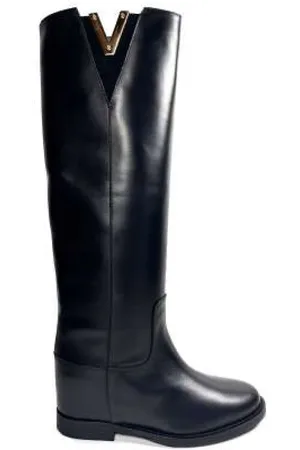 Via Roma High Boots, female, , Size: 6 US Leather Boot with Gold V Detail