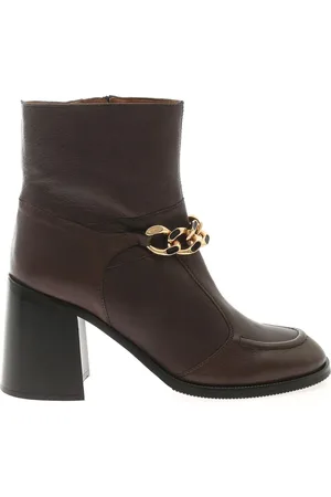 See by Chloé Heeled Boots, female, , Size: 10 US Mahe Booties - Brown Leather Ankle Boots with Golden Chain