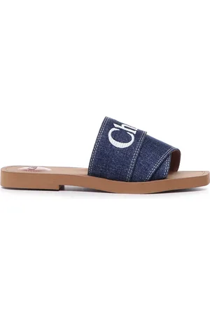 Chloé Sliders, female, , Size: 6 US Denim Flat Mules with Ribbons